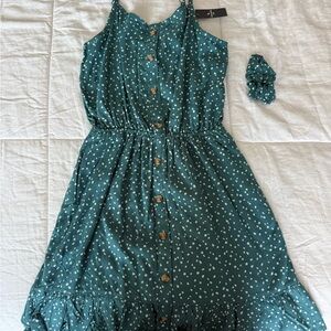 Teal Polka Dot Button-Up Dress with Scrunchie